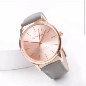 NEW Monroe Classique Women's Wrist Watch Grey Leather Band Rose Gold